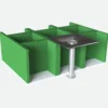 A 3D rendering displays the Square Fixing Disc—a green, box-shaped unit with multiple compartments—featuring a large metal bolt, washer, and square plate fastened at one corner, all set on a white base.