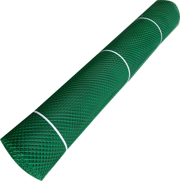 A rolled-up Grass Mat Underlay Mesh in green, held together with three white plastic ties, isolated on a white background.