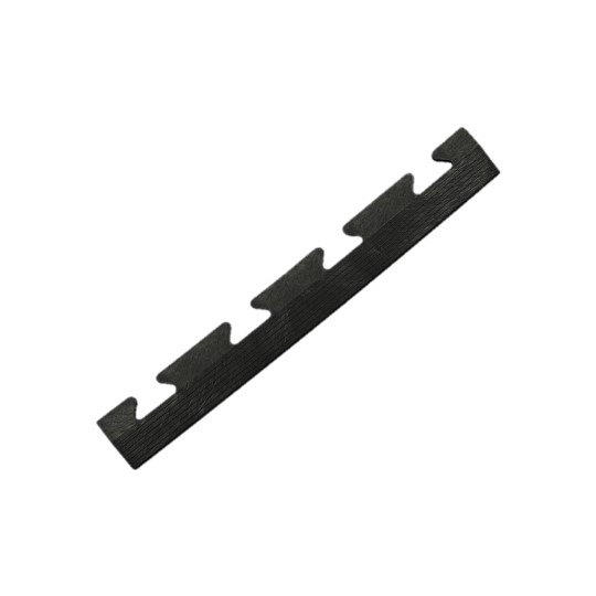 A Chequer Plate Interlocking Tile Edge in black plastic, rectangular with four evenly spaced curved notches along one side, displayed on a white background.