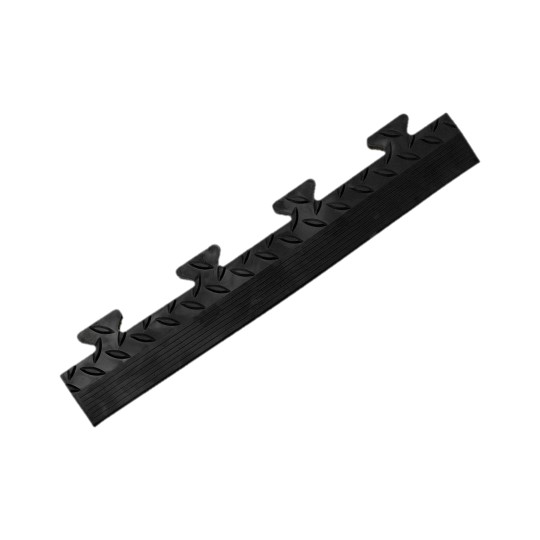 Chequer Plate Interlocking Tile Edges made of black plastic, featuring several evenly spaced triangular anchoring tabs along one side, shown against a white background.