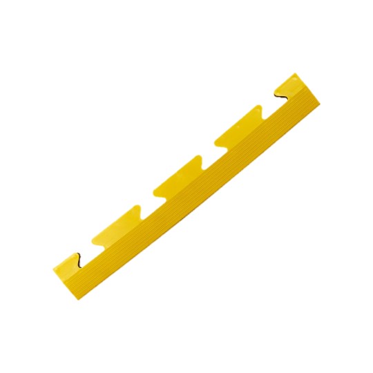 A yellow Chequer Plate Interlocking Tile Edge, made of plastic with four evenly spaced triangular notches on one side, is placed diagonally against a white background.
