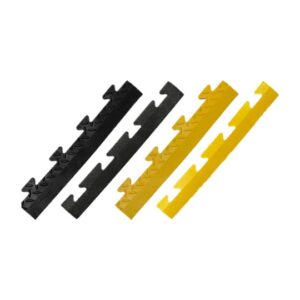 checkered and plain interlocking tile edges in black and yellow|checker plate interlocking tile edges|Black interlocking tile edges|diamond plate interlocking tile edges|yellow bevelled interlocking tile edges