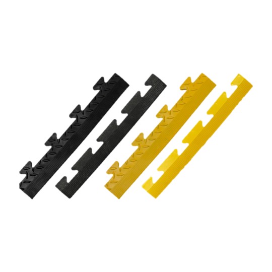 checkered and plain interlocking tile edges in black and yellow|checker plate interlocking tile edges|Black interlocking tile edges|diamond plate interlocking tile edges|yellow bevelled interlocking tile edges