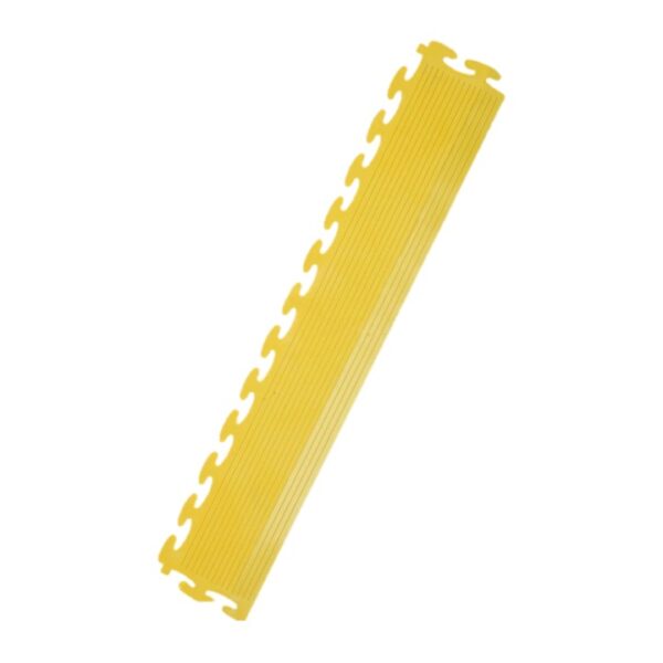 A yellow, rectangular Heavy-Duty Interlocking Tile Edge with jigsaw-like connectors on both sides is displayed diagonally against a white background.