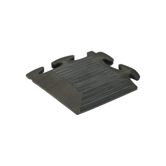 The Heavy-Duty Interlocking Tile Corners are black rubber tiles with sloped edges and grooved surfaces, designed to interlock with other tiles for smooth floor transitions.