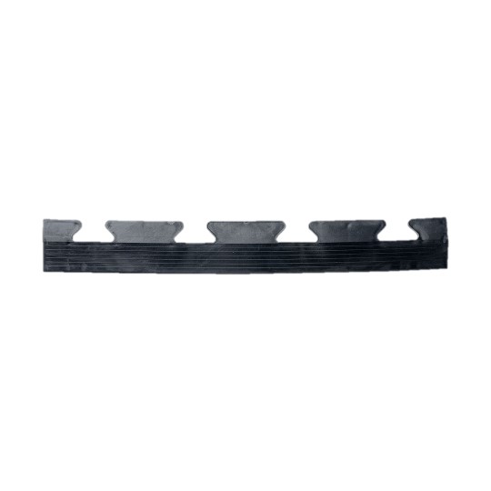 A black Circular Stud Interlocking Tile Edge with evenly spaced, upward-pointing tabs along one edge, flat and rubber, shown against a white background.