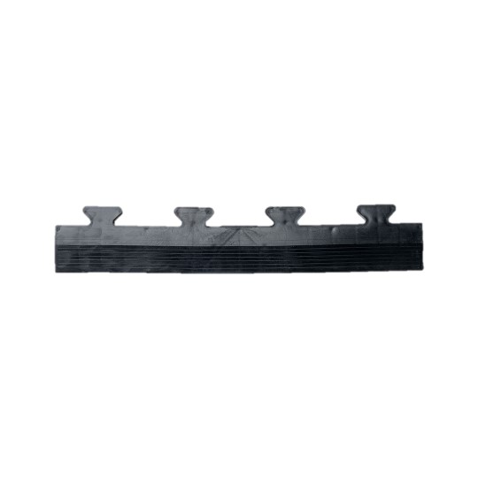 The Circular Stud Interlocking Tile Edges is a black rubber strip with a flat base and four evenly spaced T-shaped projections on top, designed for concrete joints to prevent water leakage.