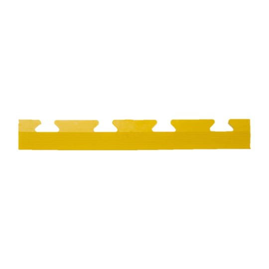 A yellow Circular Stud Interlocking Tile Edge made of plastic with evenly spaced notches along one side, displayed isolated on a white background.