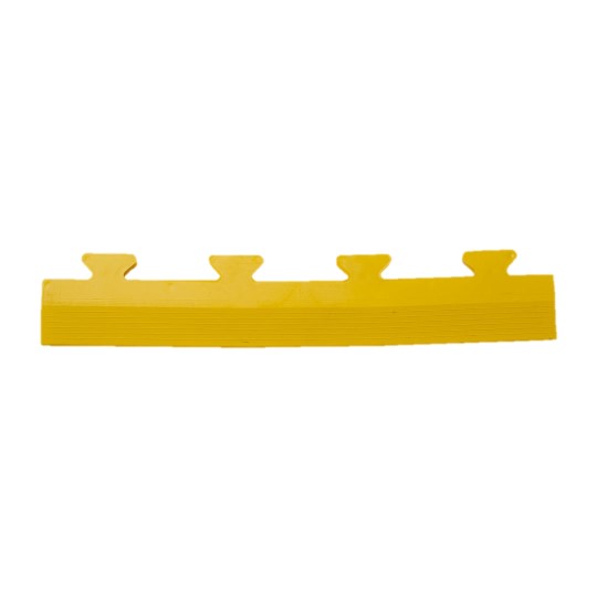 A single yellow Circular Stud Interlocking Tile Edge with four tabs, designed to connect with other tiles, isolated on a white background.