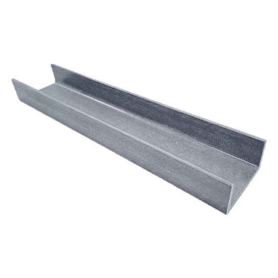 A U Profile made of galvanised steel, commonly used in construction and framing, is displayed isolated on a white background.