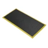 The Safety Cross-Ribbed Mat is a rectangular black anti-fatigue floor mat with a textured surface and bevelled yellow edges, displayed on a white background.