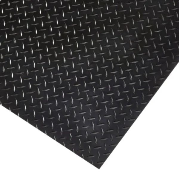 A close-up of the Fine Ribbed Matting Roll in black, showcasing its raised fine ribbed pattern and durable metal construction, photographed at an angle.