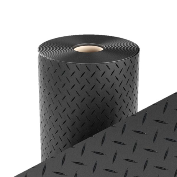 A large roll of Checker Plate Rubber Matting in black, partially unrolled to show its detailed textured surface and signature chequer plate pattern.