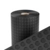 The Circular Stud Rubber Matting is a roll of black rubber flooring featuring evenly spaced raised circular studs, shown upright with a close-up highlighting its textured surface.