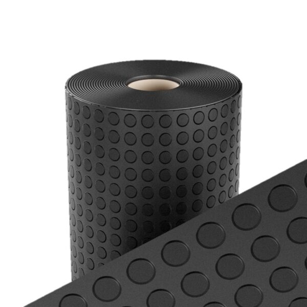 The Circular Stud Rubber Matting is a roll of black rubber flooring featuring evenly spaced raised circular studs, shown upright with a close-up highlighting its textured surface.
