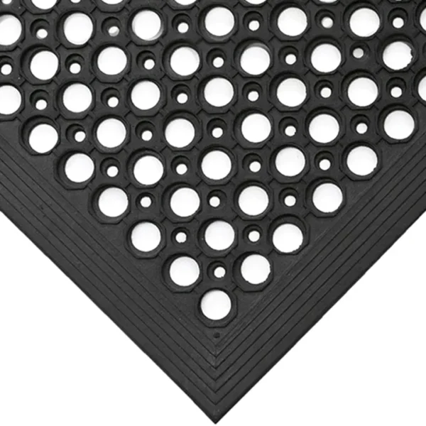 A close-up of the Fine Ribbed Matting Roll in black, featuring evenly spaced round holes for a non-slip surface. The image highlights the mat's corner with its layered, textured edges.
