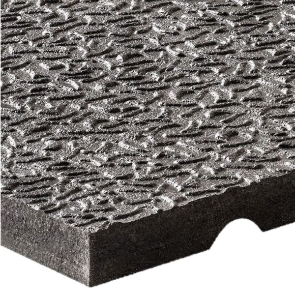 Close-up of the Amoebic Top Stable Mat, a textured grey rectangular mat with a rough, wavy surface and a visible groove on one edge, made from dense, solid material.