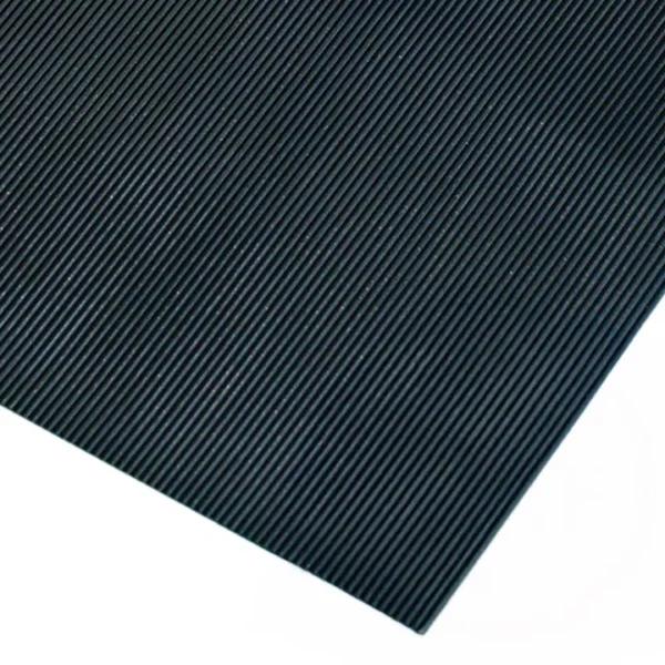 A close-up of the Fine Ribbed Matting Roll shows its black rubber surface with fine, diagonal parallel ridges. The rectangular mat’s corner appears against a white background.