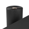 A large roll of Fine Ribbed Rubber Matting with a cardboard core sits beside a flat sheet of the same material, both featuring a black, ribbed texture and displayed on a white background.