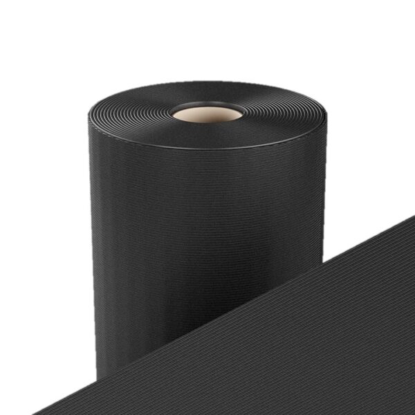 A large roll of Fine Ribbed Rubber Matting with a cardboard core sits beside a flat sheet of the same material, both featuring a black, ribbed texture and displayed on a white background.