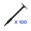 A single Pegs black plastic stake with angled barbs appears above "X 100," indicating a pack of 100 pegs, on a white background.