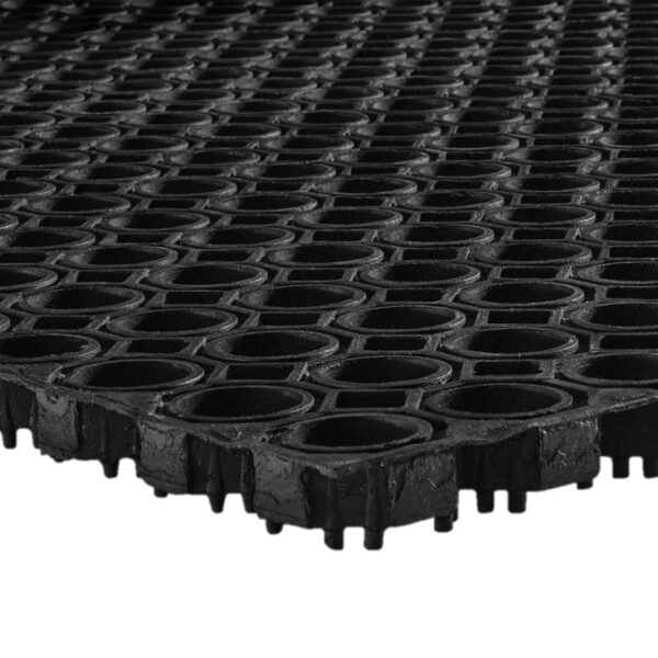 A close-up view of the Playground Safety Mat, a black rubber mat featuring large circular holes and raised textured edges, designed for use as an anti-fatigue or drainage floor mat.