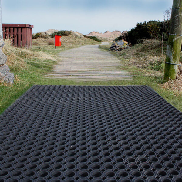 The Playground Safety Mat is a large black rubber mat with circular holes, shown outdoors on a wooden path, surrounded by grass, bushes, and a distant red box under cloudy skies.