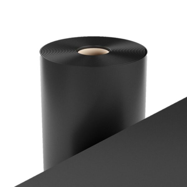 A large roll of Smooth Commercial Rubber Matting stands upright on a white background, with a sheet of the same material partially unrolled in front.