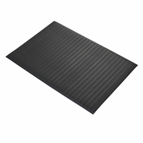 The Ribbed Anti-Fatigue Mat is black, rectangular, and features a subtle ribbed texture, displayed against a white background.