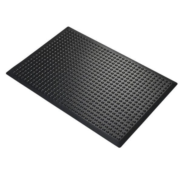 The Air Cushioned Workshop Mat is a rectangular black rubber mat with evenly spaced circular holes, viewed from an angled top-down perspective on a white background.