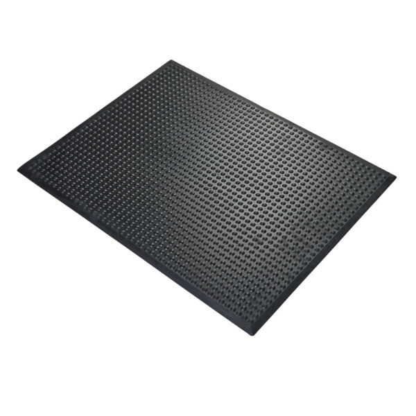 The Air Cushioned Workshop Mat is a black rectangular rubber mat with a grid of round holes across its surface, displayed on a white background.