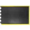 The Interlocking Air Cushioned Mat is black, rectangular, with a textured bubble surface and yellow borders on two sides. It features interlocking tabs on one edge for easy connection with multiple mats.