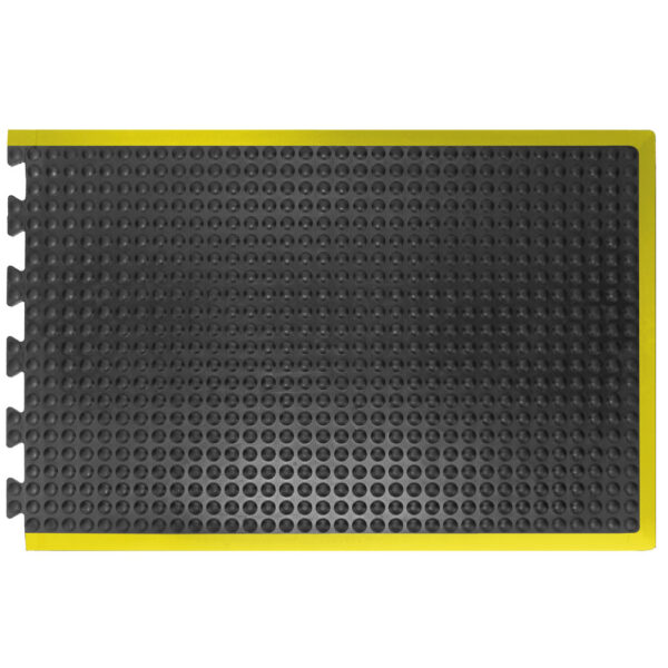 The Interlocking Air Cushioned Mat is black, rectangular, with a textured bubble surface and yellow borders on two sides. It features interlocking tabs on one edge for easy connection with multiple mats.