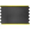 The Interlocking Air Cushioned Mat is a rectangular black floor mat featuring a textured, bubbled surface, interlocking edges, and yellow safety borders on two opposite sides.