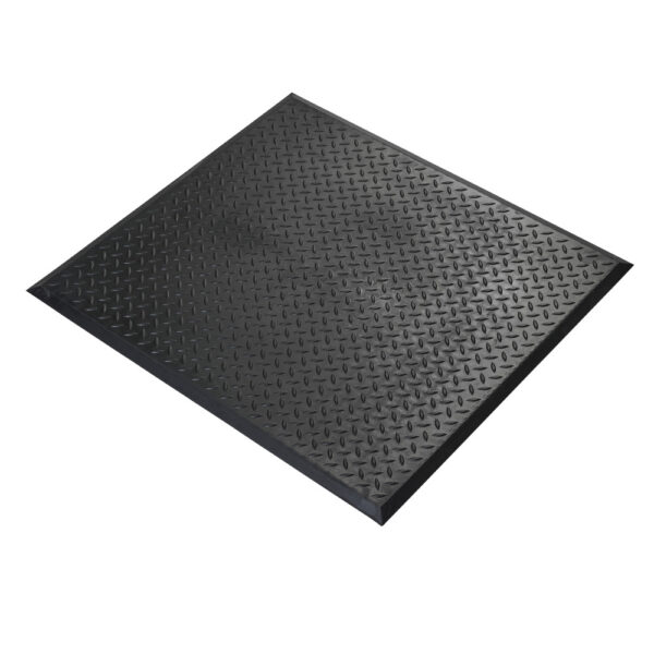 The Deckplate Anti-Fatigue Mat is black, rectangular, and features a diamond-plate textured surface, displayed on a white background.