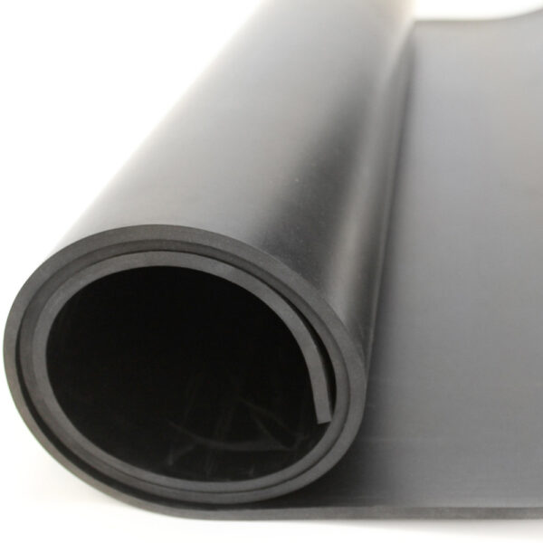 A close-up view of Black Commercial Rubber rolled up, highlighting its smooth surface and tightly coiled edge.