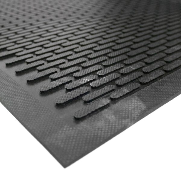 A close-up of the Scraper Entrance Mat shows its black rubber surface with a textured, interlocking pattern designed to enhance grip and minimise slipping.