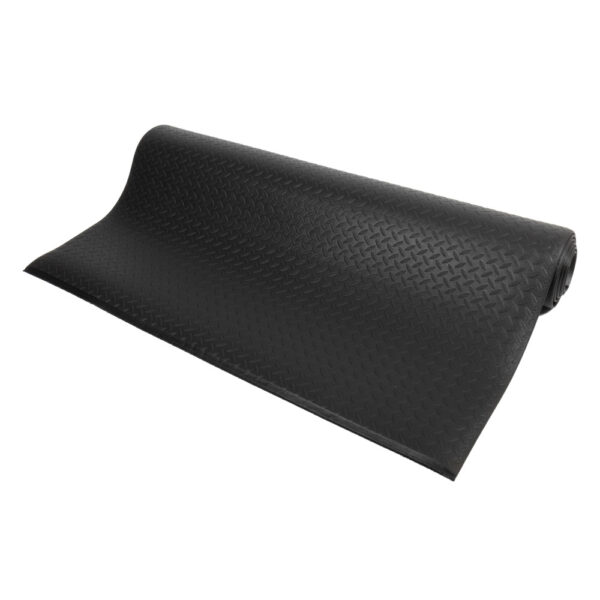 The Diamond Anti-Fatigue Mat, featuring a black diamond plate texture, is partially unrolled and displayed on a white background.