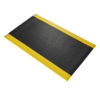 The Diamond Anti-Fatigue Mat is a black industrial floor mat with a diamond plate texture and bright yellow borders on two sides, shown on a white background.