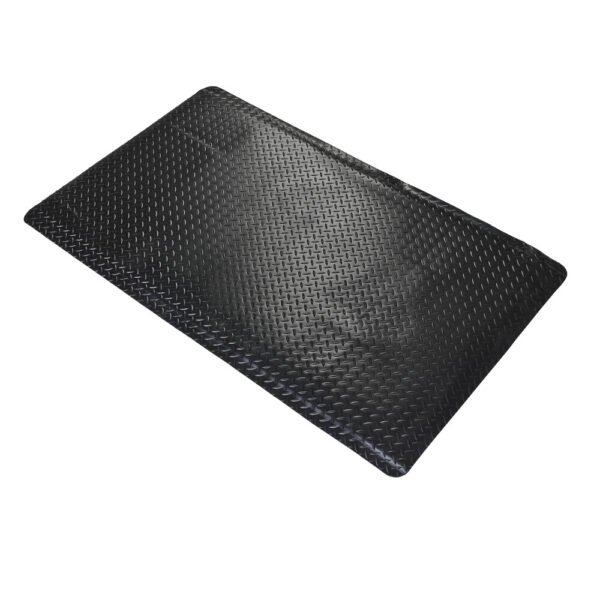 The Premium Anti-Fatigue Mat, shown on a white background, features a black diamond-patterned textured surface and slightly bevelled edges.