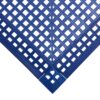 Interlocking Anti-Slip Leisure Tile with a blue grid pattern, forming a right-angle corner. Features evenly spaced square holes for drainage and slip resistance.