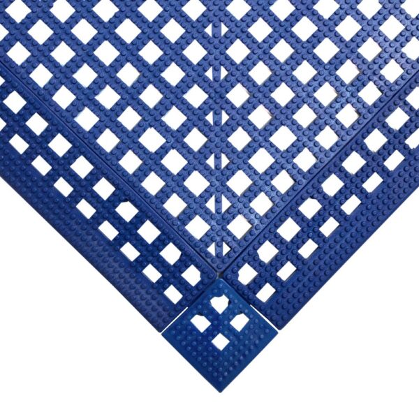 Interlocking Anti-Slip Leisure Tile with a blue grid pattern, forming a right-angle corner. Features evenly spaced square holes for drainage and slip resistance.