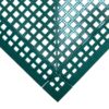 The Interlocking Anti-Slip Leisure Tile features green plastic construction with a square grid pattern, raised bumps, and perforated square holes for drainage or ventilation. Shown forming a right-angle corner.