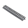 The Interlocking Anti-Slip Leisure Tile Edge is a long, rectangular grey tile with small studs, three rows of evenly spaced square holes, and rounded tabs on both ends for easy connection.