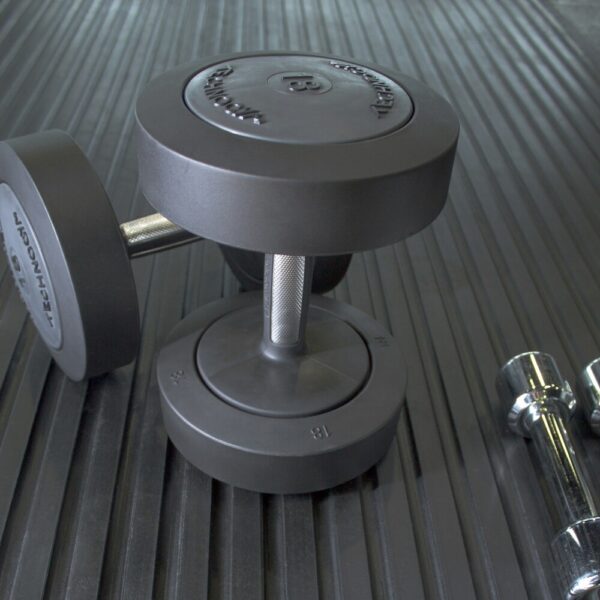 A Heavy-Duty Gym Mat supports two large black dumb-bells and a pair of smaller silver ones, creating a weightlifting-ready environment.