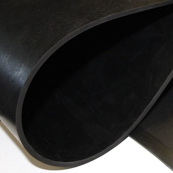 A close-up image of the Commercial Neoprene Rubber Sheet, showing its thick, flexible black material curled to reveal a smooth surface and sturdy texture.