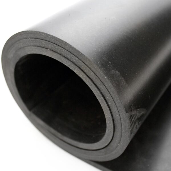 A close-up of the Commercial Nitrile Rubber Sheet, rolled into a cylinder, highlights its thick black edges and smooth texture.