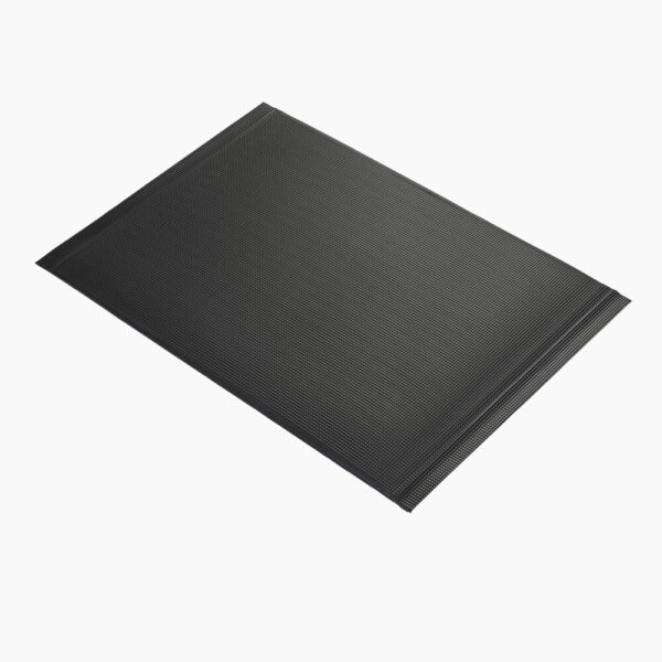 The Ultimate Anti-Fatigue Mat, shown in black with a rectangular shape and textured ribbed surface, is pictured on a white background.