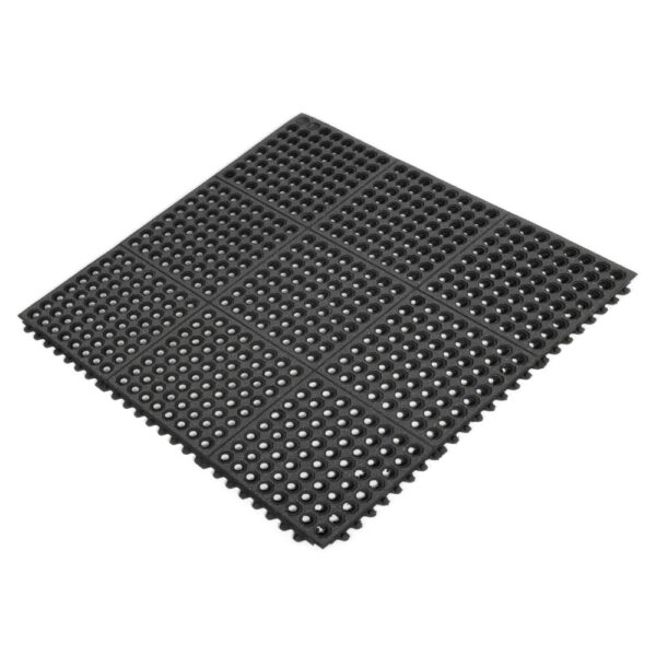 The Nitrile Top Interlocking Mat, a black rubber floor mat featuring a grid pattern and circular holes for anti-slip and drainage, is displayed on a white background.