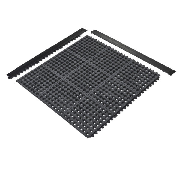 The Nitrile Top Interlocking Mat is a black rubber mat featuring a grid of circular holes and comes with two straight-edged border pieces, shown side by side on a white background.
